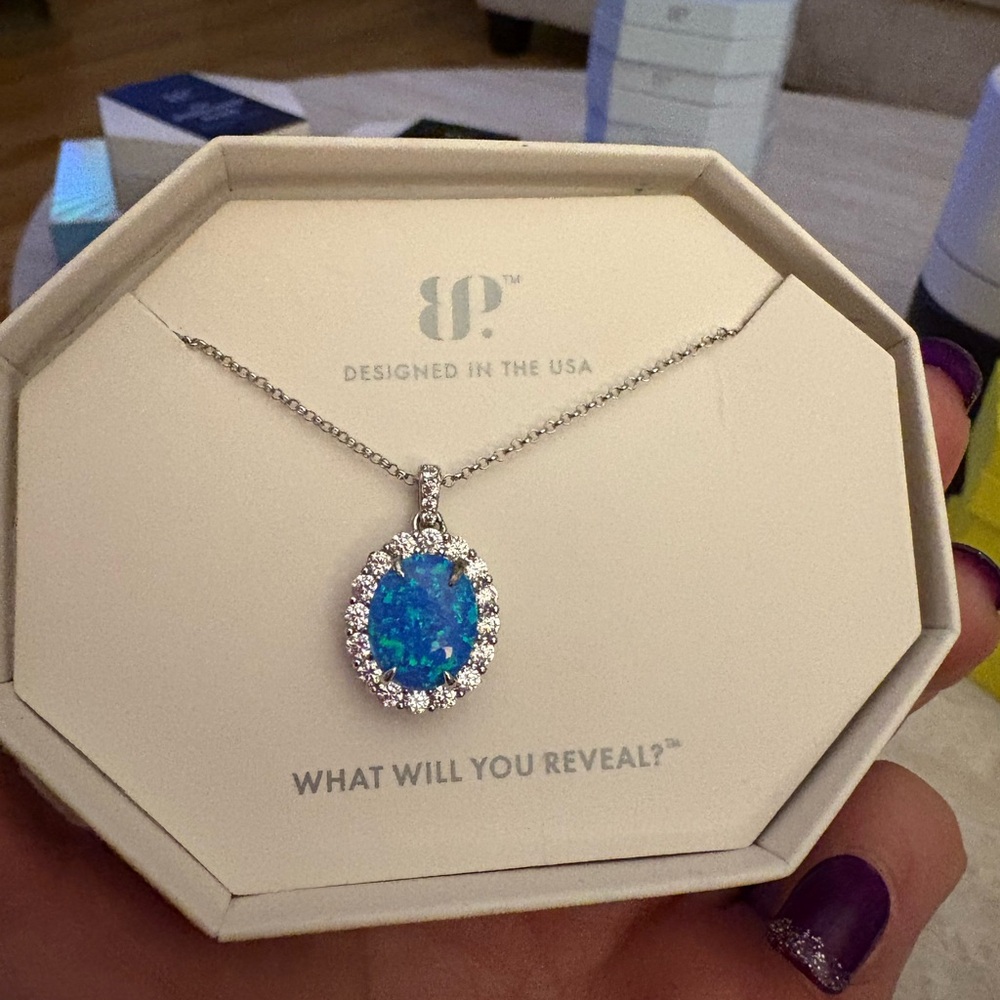 Blue and Silver Opal Halo Necklace